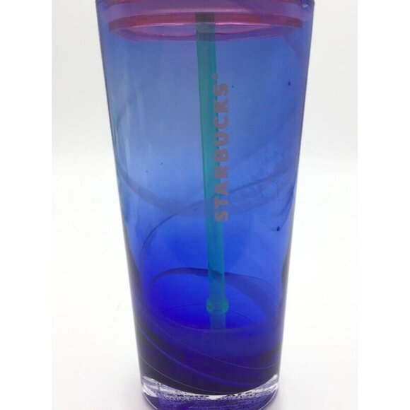 2022 Starbucks Ocean Spray 18 oz. Glass Cold Tumbler Lid Straw Blue Transparent - Picture 2 of 5